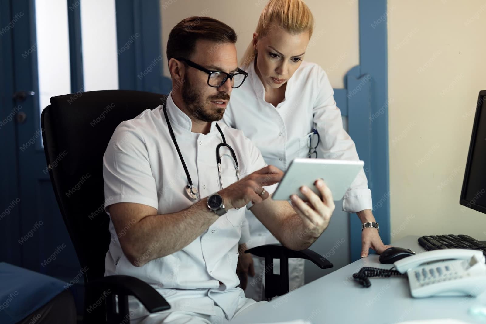 Médico y enfermera revisando la ficha clínica electrónica de un paciente