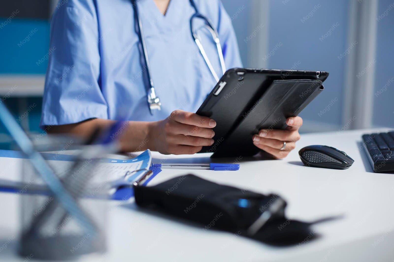 Oficina clínica con equipos para gestión de pacientes