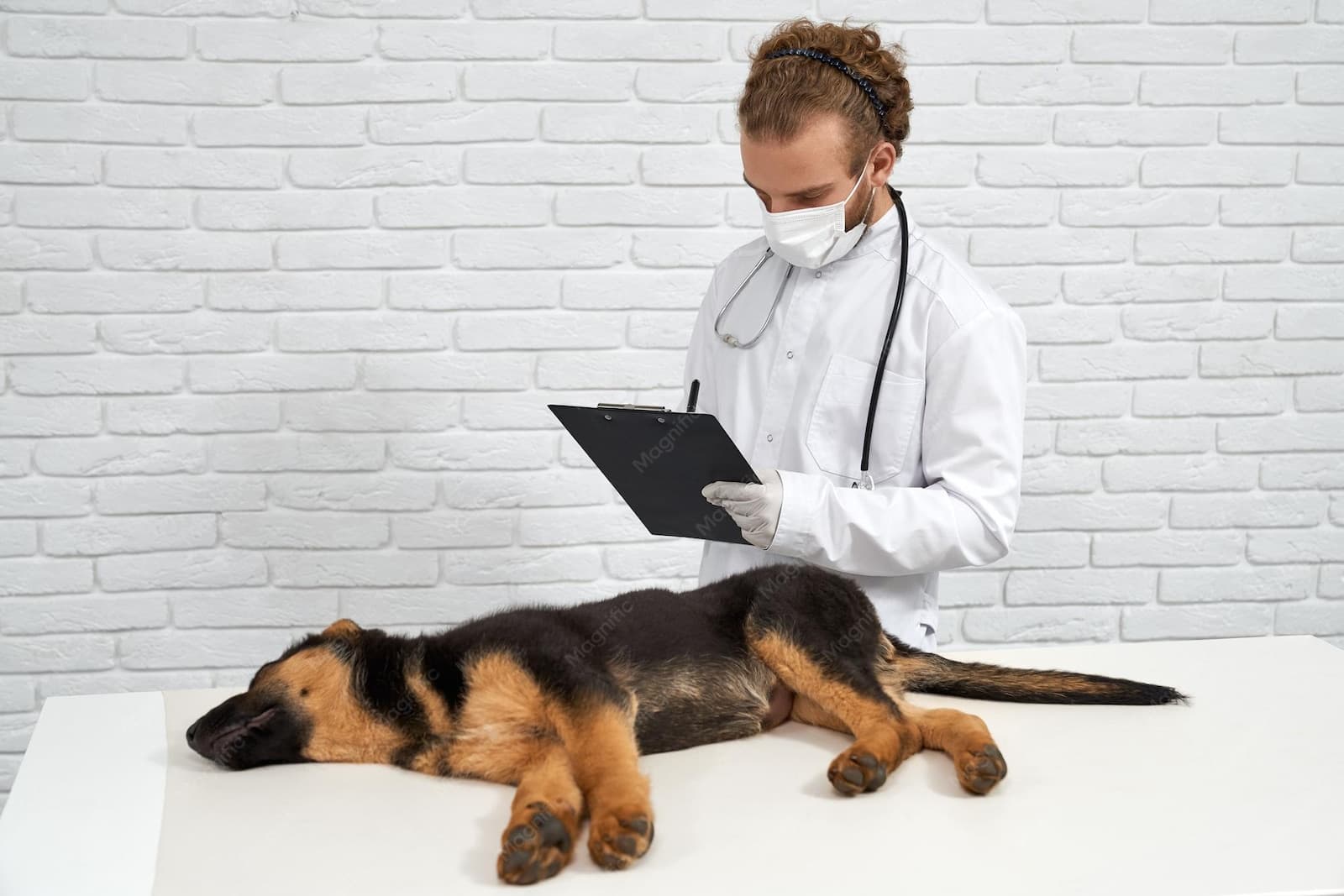 Veterinario tomando notas junto a un perro en la camilla de la clínica